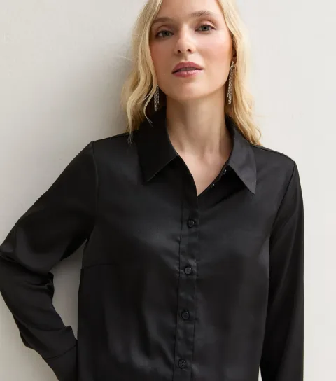New Look Women's Petite Black Satin Cropped Shirt