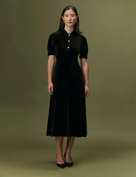 Ghost Velvet Button Front Midi Tea Dress