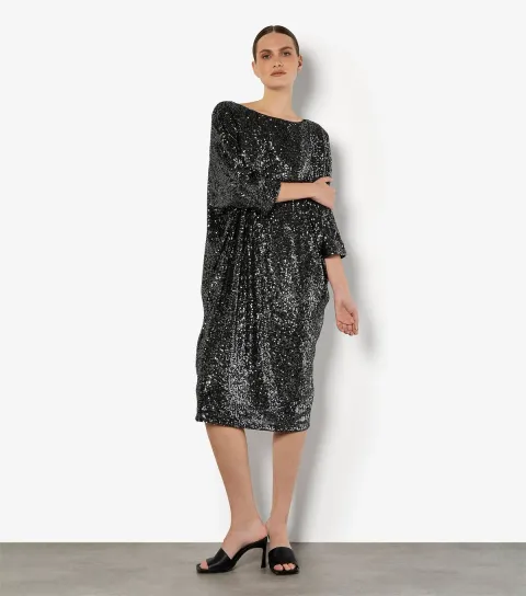 Women's Silver Sequin Lines Cocoon Midi Dress