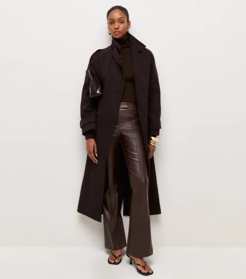 Women's Dark Brown Faux Leather Kick Flare Trousers Vegan