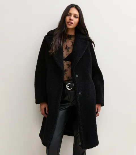 New Look Women's Black Collared Borg Midi Coat