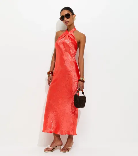 Women's Coral Palm Leaf Jacquard Halter Neck Maxi Dress