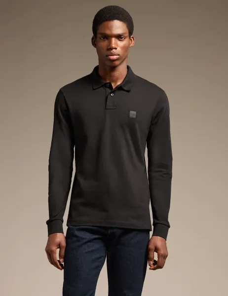 Boss Passerby Cotton Rich Long Sleeve Polo Shirt Black