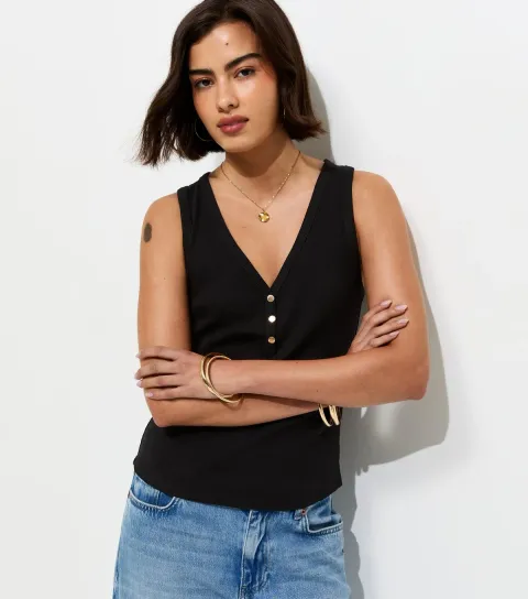 Women's Black Cotton Rich Gold Tone Button Henley Vest Top