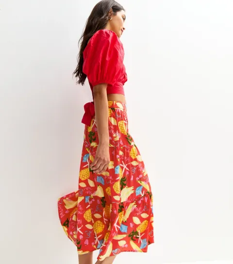 Women's Red Tropical Print Lightweight Tiered Midi Skirt