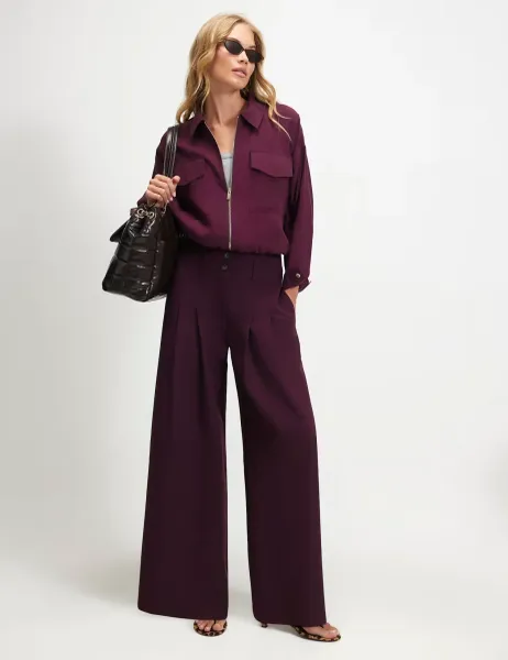 River Island High Waisted Wide Leg Trousers Burgundy