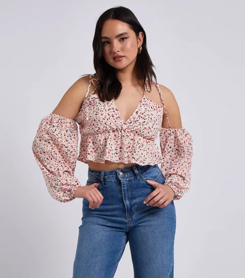 Women's Pink Off The Shoulder Puff Sleeve Top