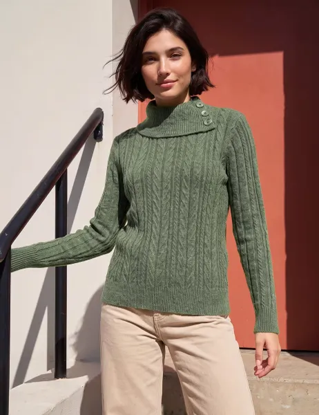 Roman Cable Knit Button Detail Jumper Khaki Mix