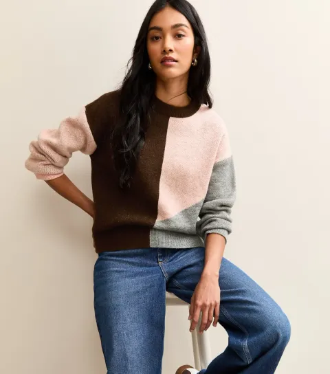 Women's Pink Colour Block Crew Neck Jumper