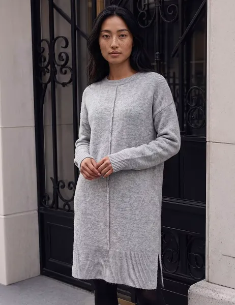 Roman Petite Knitted Pintuck Knee Length Shift Dress Grey