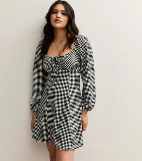 Women's Black Gingham Milkmaid Mini Dress