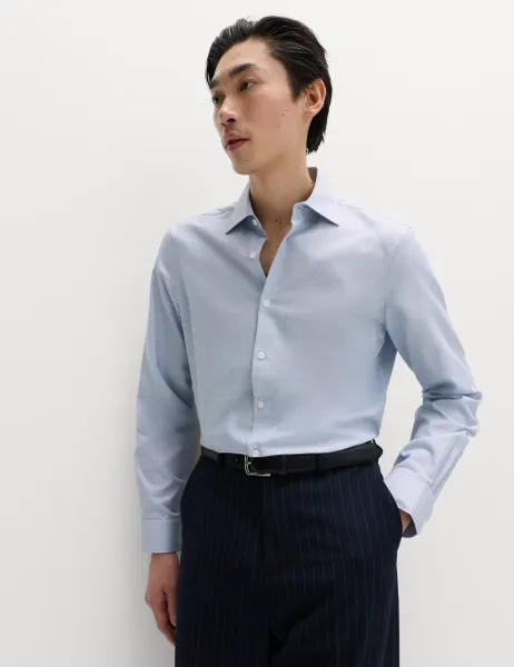 Marks & Spencer Regular Fit Pure Cotton Textured Shirt Blue