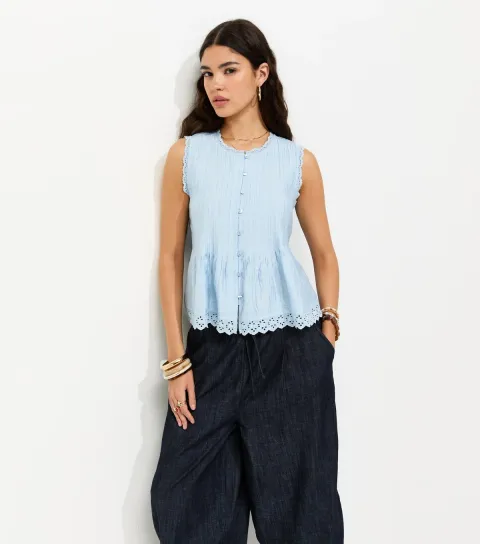 Women's Light Blue Pintuck Button Front Sleeveless Top