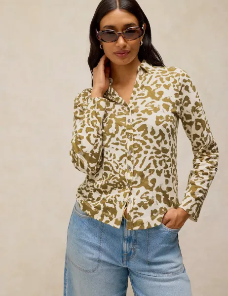 White Stuff Pure Cotton Printed Collared Shirt Green Mix