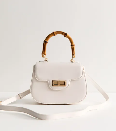 Cream Faux Leather Bamboo Top Handle Saddle Bag Vegan