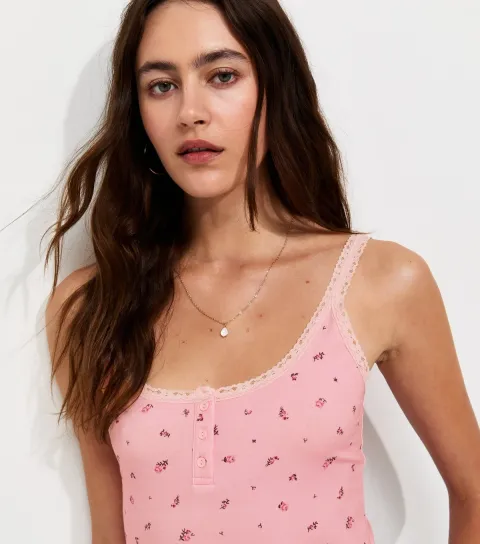 Women's Pink Cotton Rich Floral Lace Trim Henley Cami Top