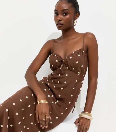 Women's Brown With Linen Diamond Strappy Midi Dress