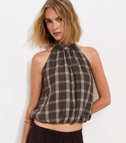 Women's Brown Check Print Bubble Hem Halterneck Top