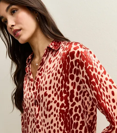 Women's Brown Satin Animal Print Long Sleeve Shirt