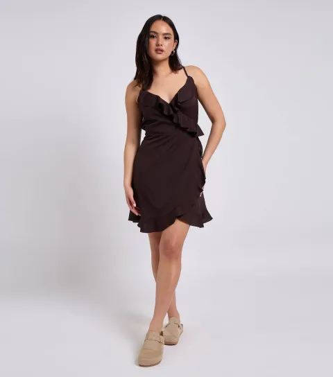 Women's Brown Frill Trim Cami Tea Dress