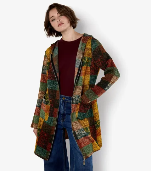 Women's Brown Checked Longline Hooded Cardigan