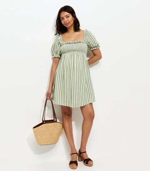 Women's Maternity Green Striped Frilly Trim Dress