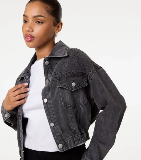 Women's Black Diamante Embellished Denim Jacket