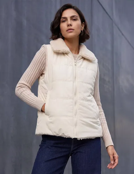 Roman Faux Fur Reversible Zip Up Gilet Cream