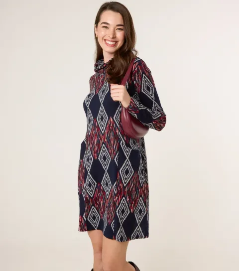 Women's Navy Geometric Pattern Draped High Neck Dress