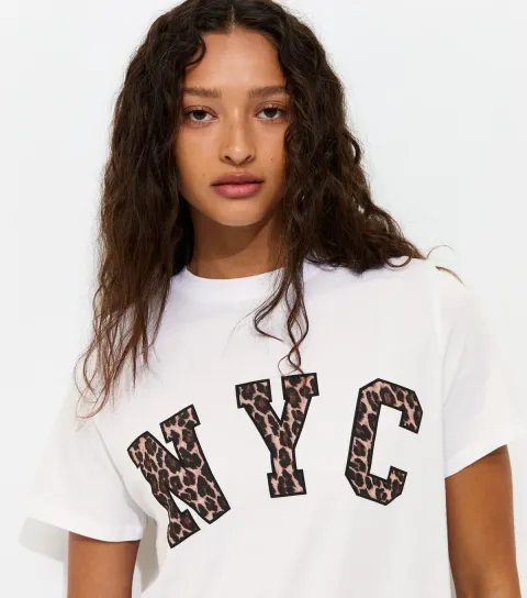 Women's White Cotton Leopard Print NYC Logo T-Shirt