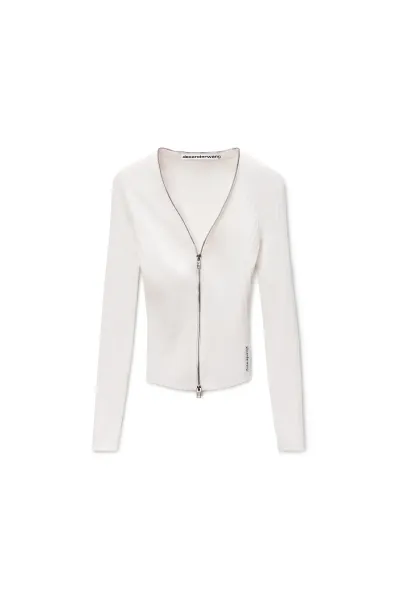 V-NECK LONG SLEEVE POINTELLE ZIP CARDIGAN