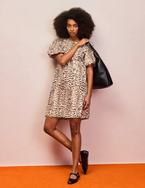 RO&ZO Pure Cotton Leopard Print Mini Shift Dress Brown Mix