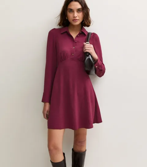 New Look Women's Tall Dark Burgundy Long Sleeve Button Front Mini Shirt Dress
