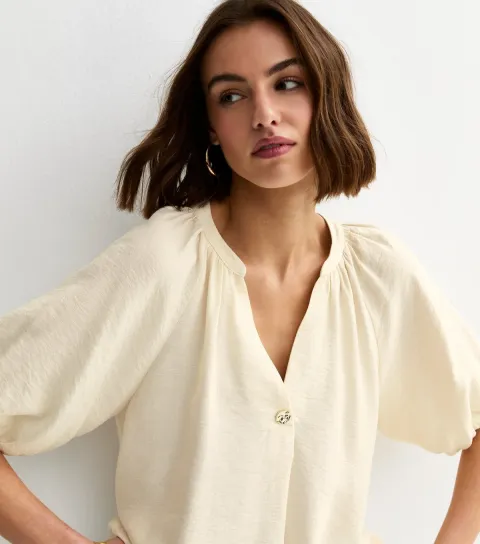 Women's Off White Puff Sleeve V-Neck Blouse