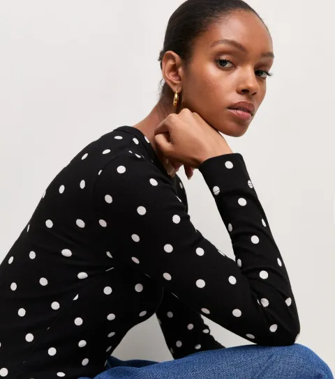 Women's Black Cotton Rich Ribbed Polka Dot Long Sleeve Top
