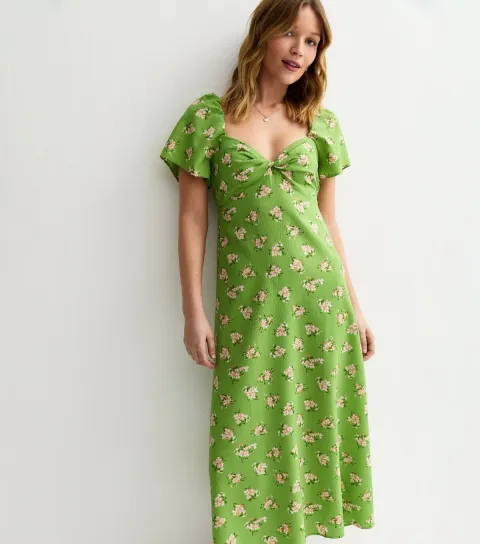 Women's Green Floral Sweetheart Neck Midi Dress