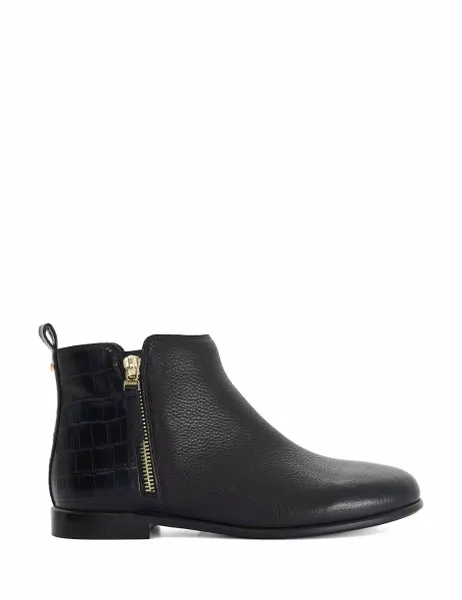 Dune London Leather Flat Round Toe Ankle Boots Black