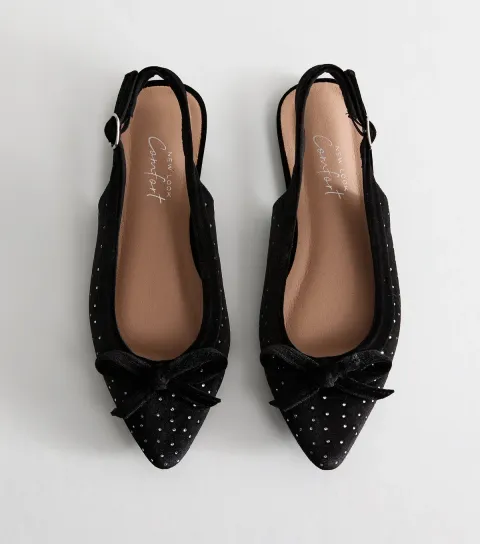 New Look Women's Wide Fit Black Velvet Bow Front Gem Embellished Slingback Shoes Vegan