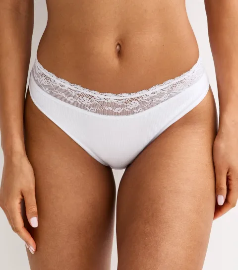 Women's White Ribbed Cotton Lace Trim Brazilian Briefs