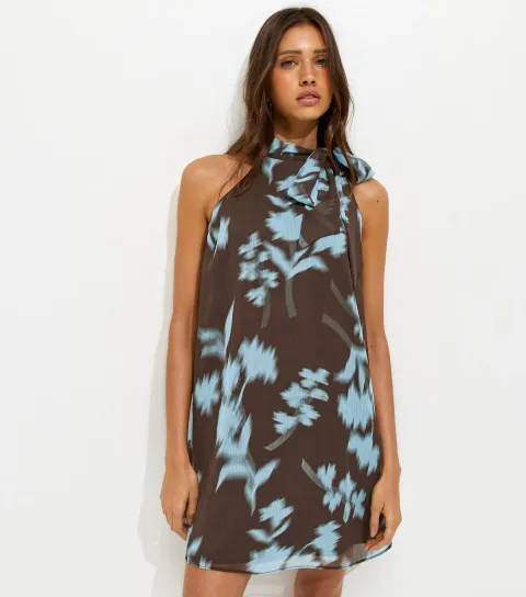 Women's Brown Chiffon Floral Halter Neck Mini Dress