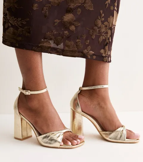 New Look Women's Gold Faux Leather Block Heel Front Twist Sandals Vegan
