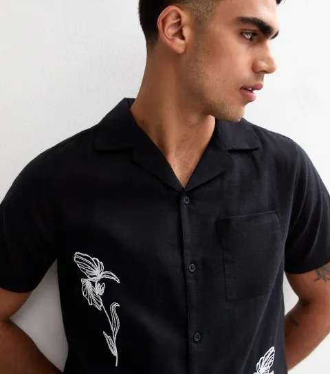 Men's Black Regular Floral Embroidered Short Sleeve Shirt