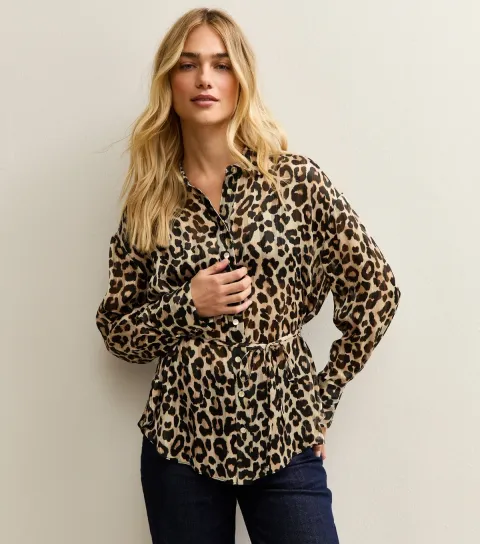 Women's Brown Animal Print Tie Belt Shirt