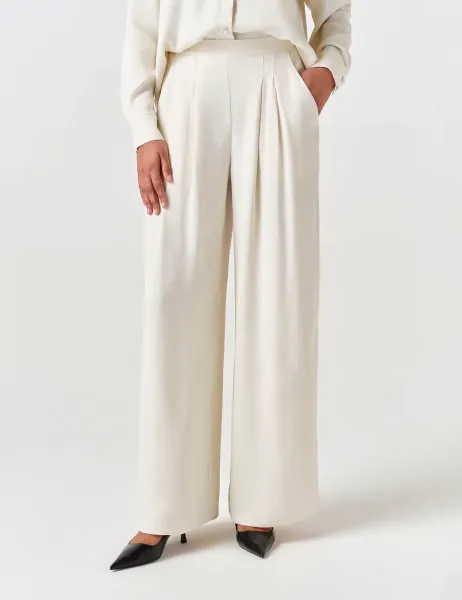 Ghost Satin Pleated Wide Leg Trousers Ivory