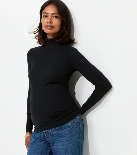 New Look Women's Maternity Black Cotton Rich Ribbed High Neck Top