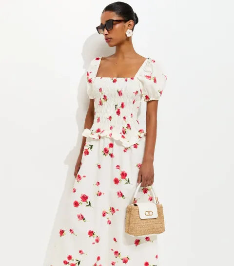 Women's White Floral Print Square Neck Midi Dress