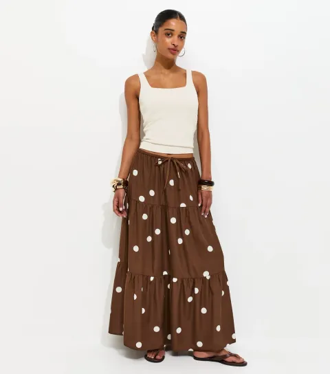 Women's Brown Polka Dot Tiered Midi Skirt