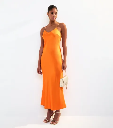 Women's Orange Satin Twist Back Slip Midi Dress