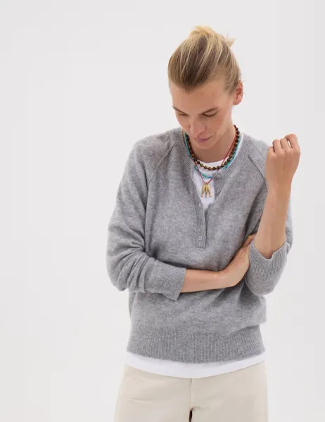 HUSH Pure Cashmere Henley Neck Jumper Grey Marl
