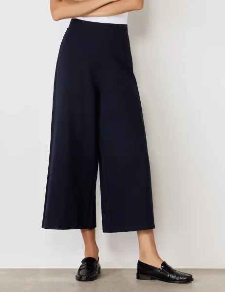 Finery London Jersey Wide Leg Cropped Trousers Navy